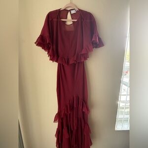ASOS DESIGN cape overlay ruffle bias maxi dress in burgundy